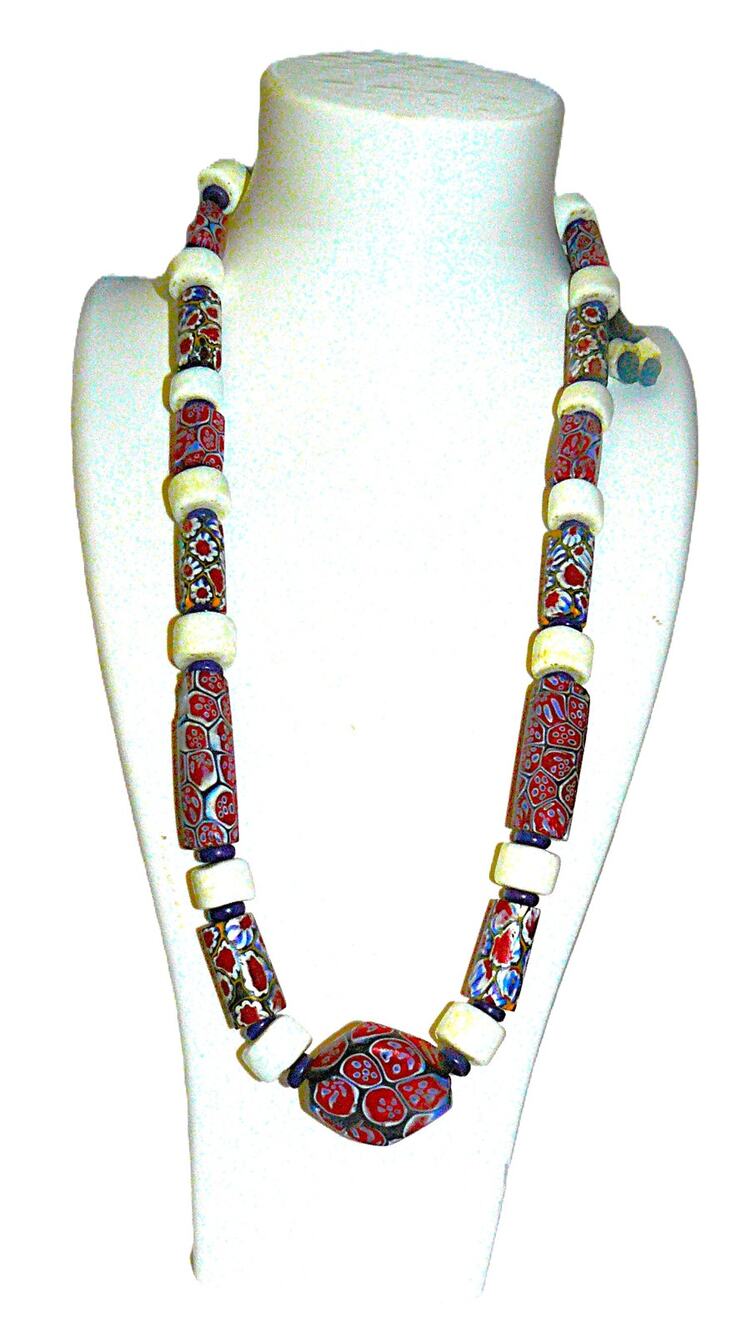 Vtg Handmade Millefiori Beaded Necklace Cord Red Blue & White Beads Adj 24 -32"